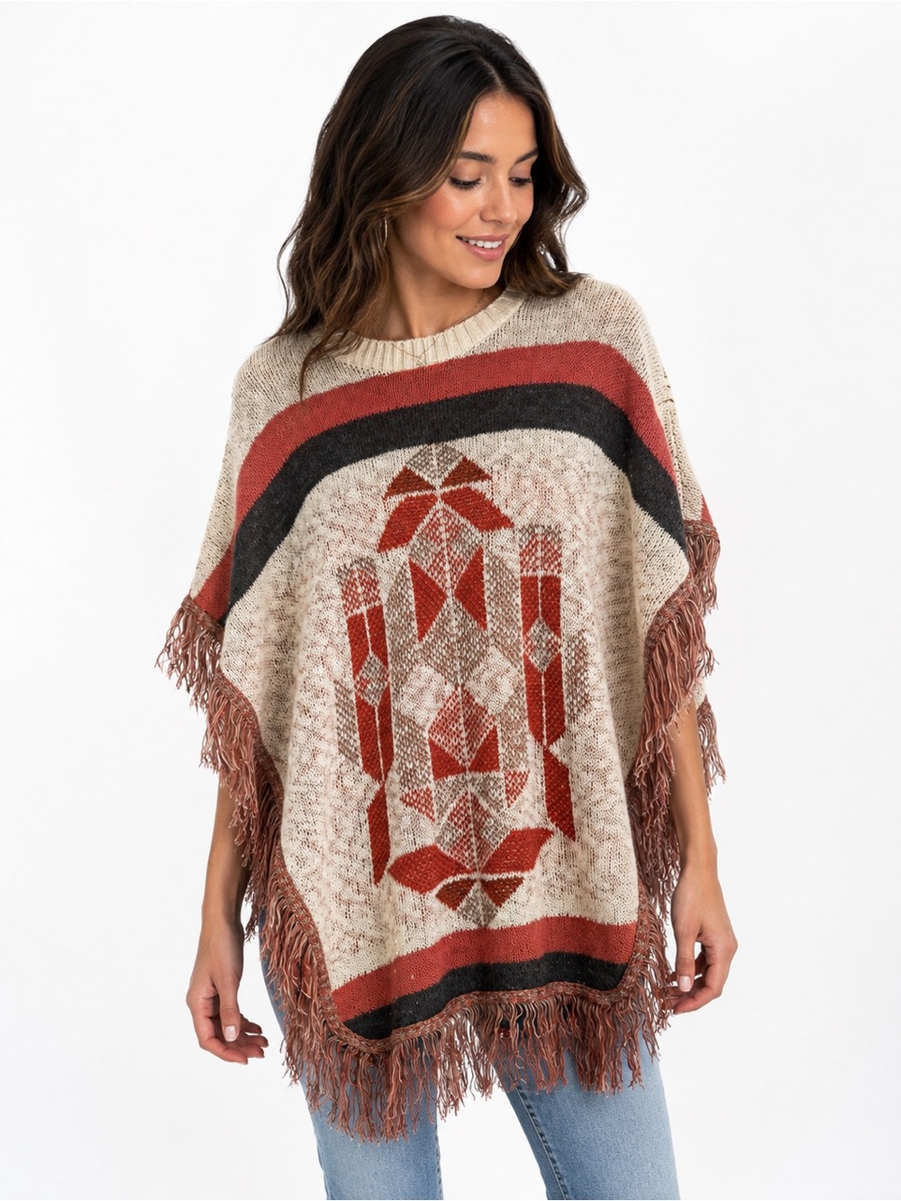 Say What? Women's Fringe Poncho Sweater Cream & Rust Aztec Size Small/Medium